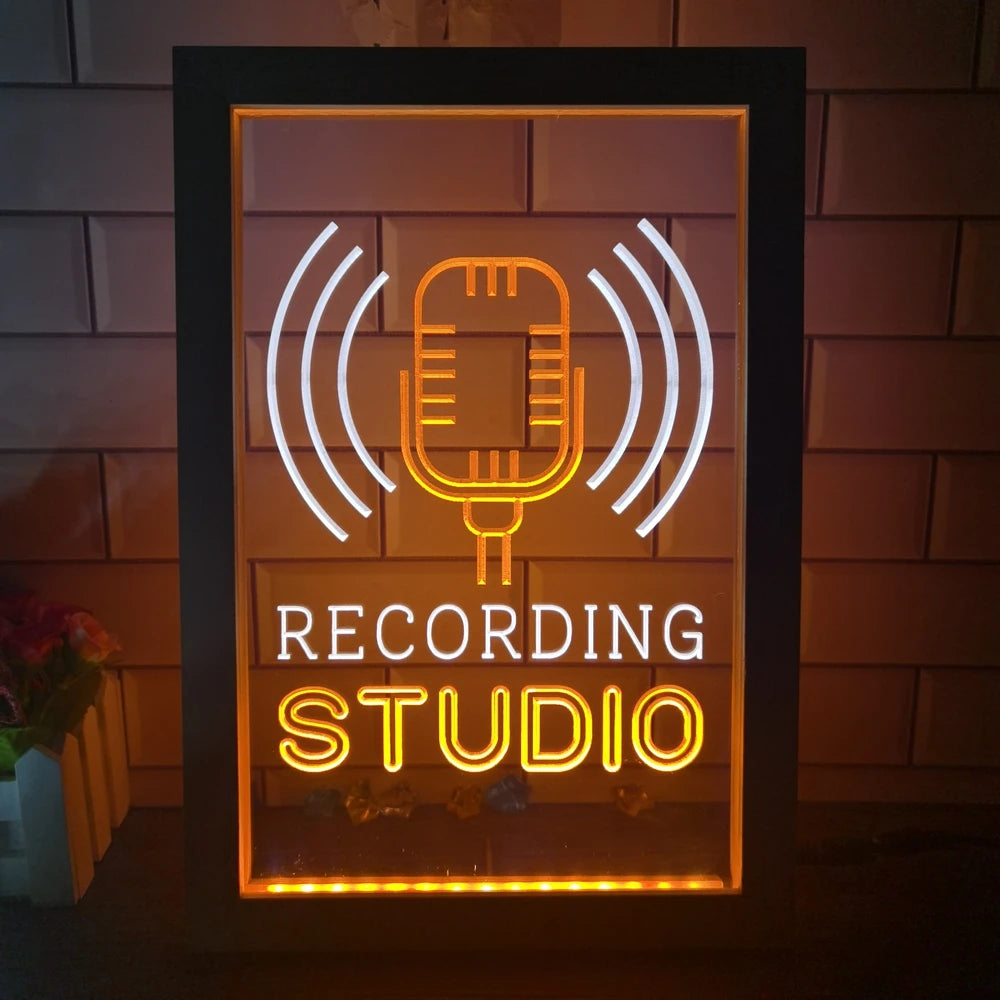 Recording Studio Microphone on Air Dual Color LED Neon Sign Photo Frame Creative Table Lamp Bedroom Desk Wood