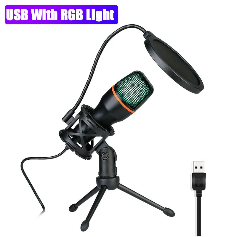 3.5Mm USB/RGB Condenser Wired Microphone for PC Laptop Gaming Podcast Studio Professional Anti-Blowout Desktop Microphone