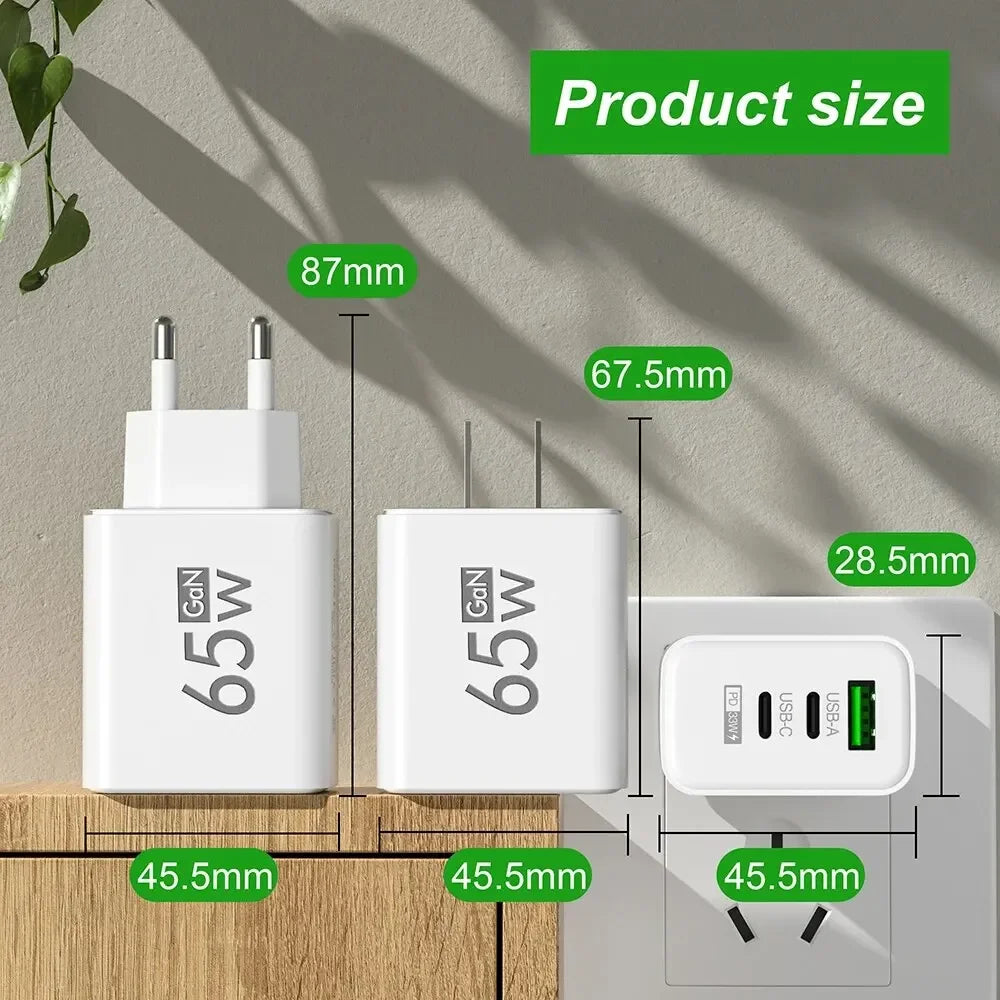 Total 65W Gan Charger USB PD Type C Fast Charging Muti 3 Ports Mobile Phone Adapter for Iphone 15 Pro Max Samsung Xiaomi Huawei