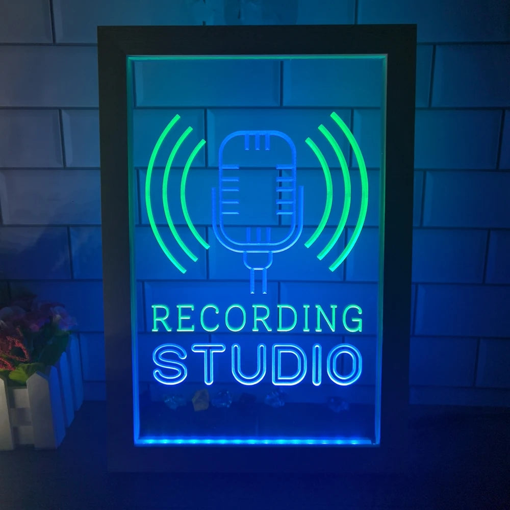 Recording Studio Microphone on Air Dual Color LED Neon Sign Photo Frame Creative Table Lamp Bedroom Desk Wood