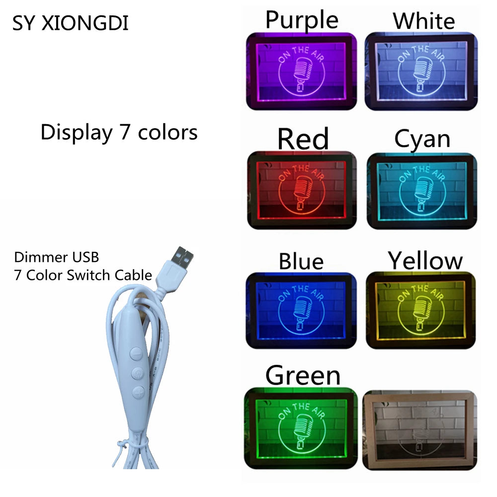Recording Studio Microphone on Air Dual Color LED Neon Sign Photo Frame Creative Table Lamp Bedroom Desk Wood