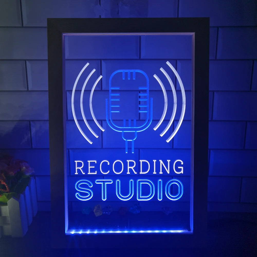 Recording Studio Microphone on Air Dual Color LED Neon Sign Photo Frame Creative Table Lamp Bedroom Desk Wood