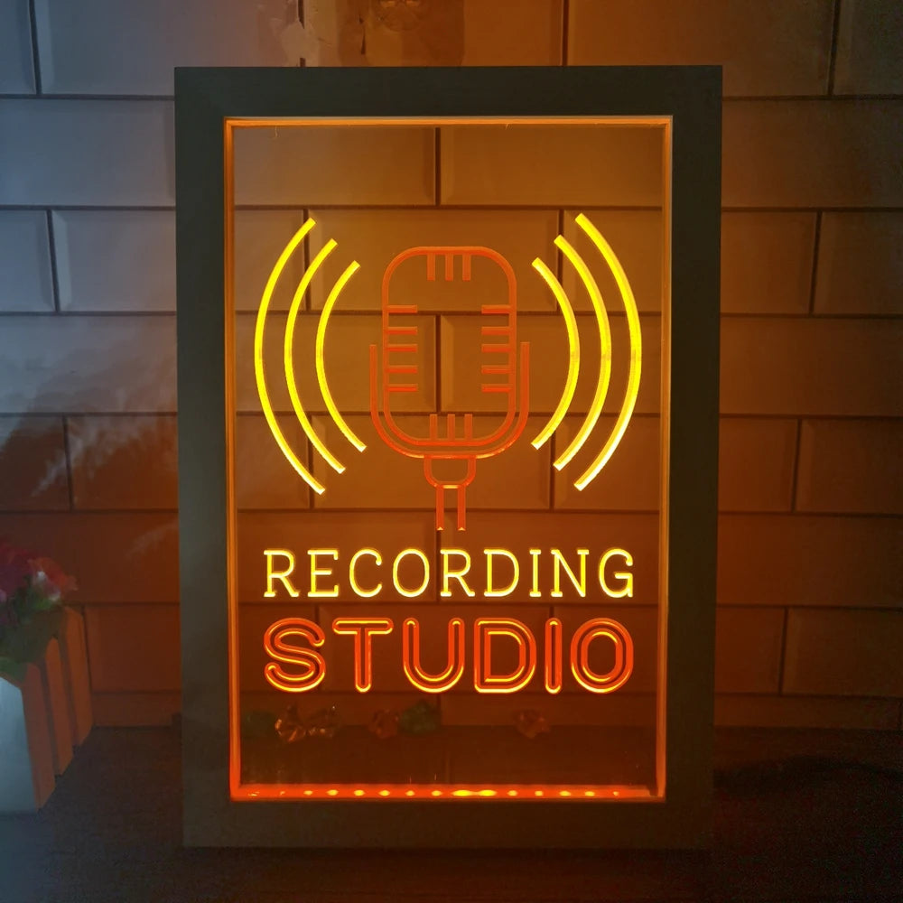 Recording Studio Microphone on Air Dual Color LED Neon Sign Photo Frame Creative Table Lamp Bedroom Desk Wood