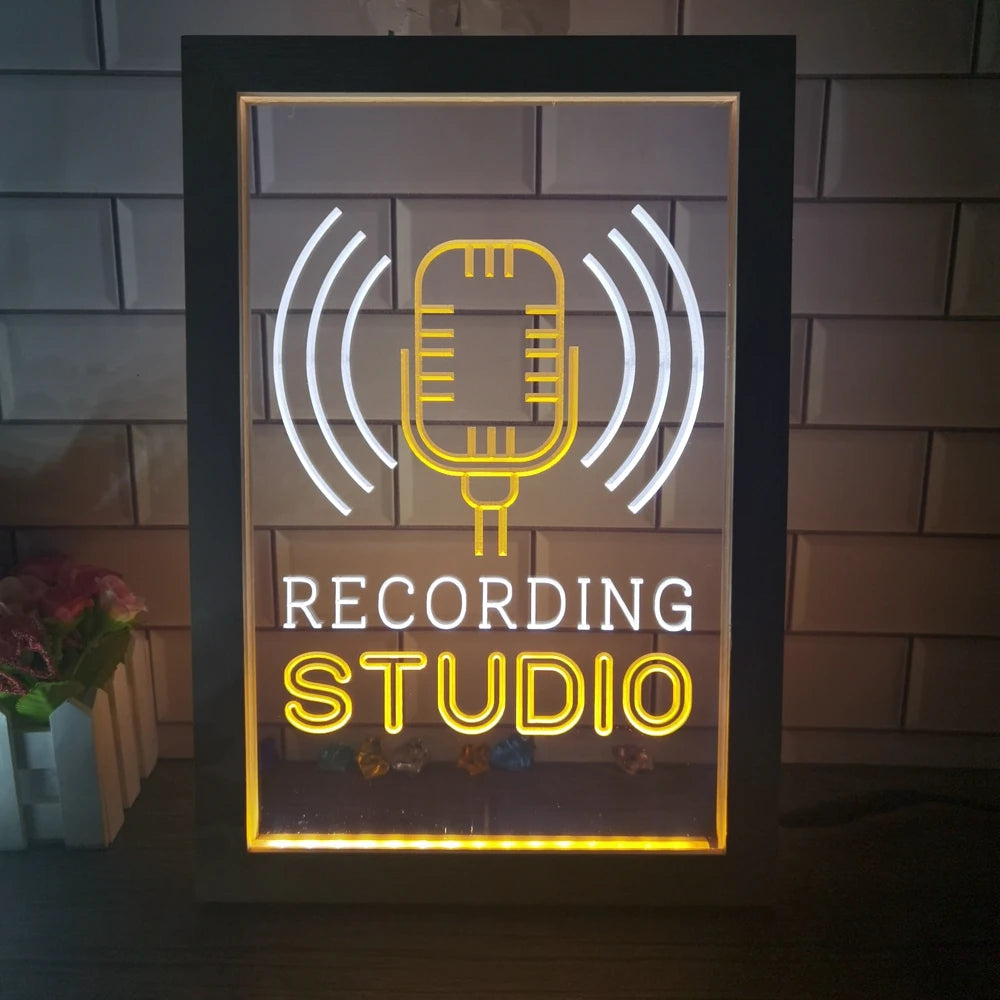 Recording Studio Microphone on Air Dual Color LED Neon Sign Photo Frame Creative Table Lamp Bedroom Desk Wood