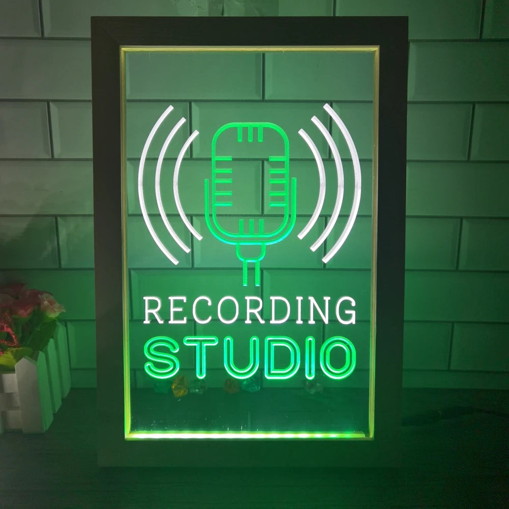 Recording Studio Microphone on Air Dual Color LED Neon Sign Photo Frame Creative Table Lamp Bedroom Desk Wood