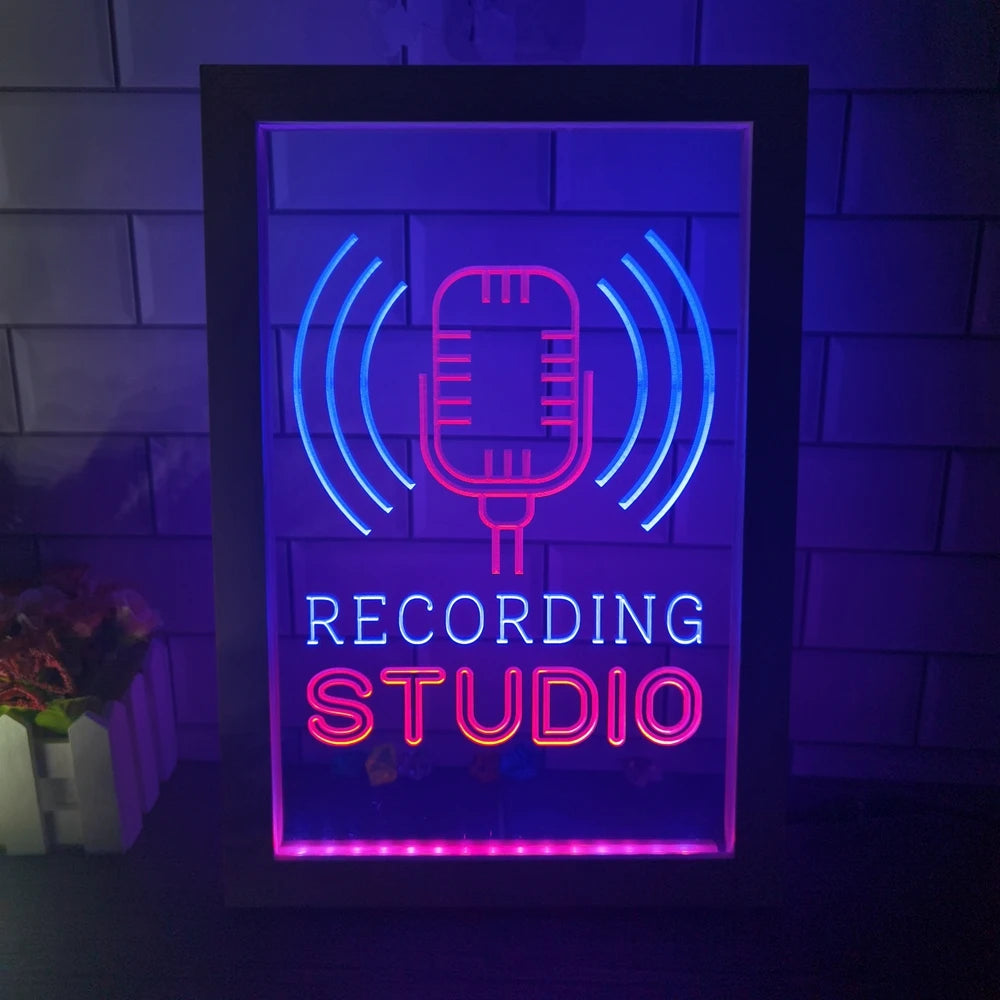 Recording Studio Microphone on Air Dual Color LED Neon Sign Photo Frame Creative Table Lamp Bedroom Desk Wood