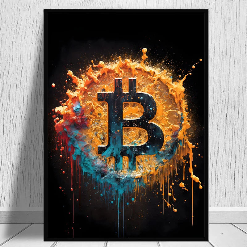 Watercolor Crypto Splatter Bitcoin Ethereum Poster ETH BTC Crypto Virtual Coins Canvas Painting Wall Art for Office Room Decor