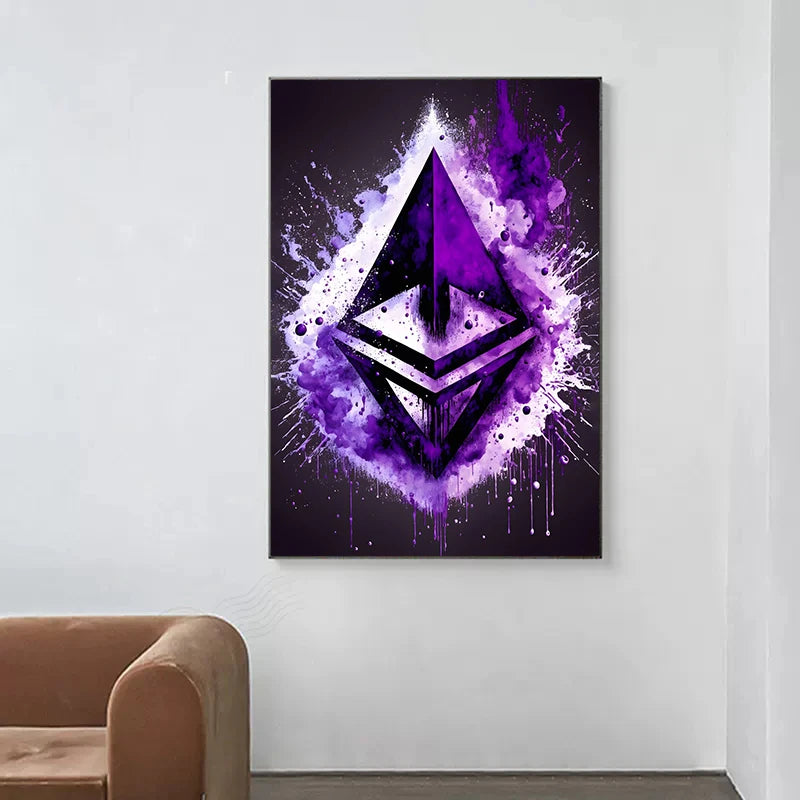 Watercolor Crypto Splatter Bitcoin Ethereum Poster ETH BTC Crypto Virtual Coins Canvas Painting Wall Art for Office Room Decor