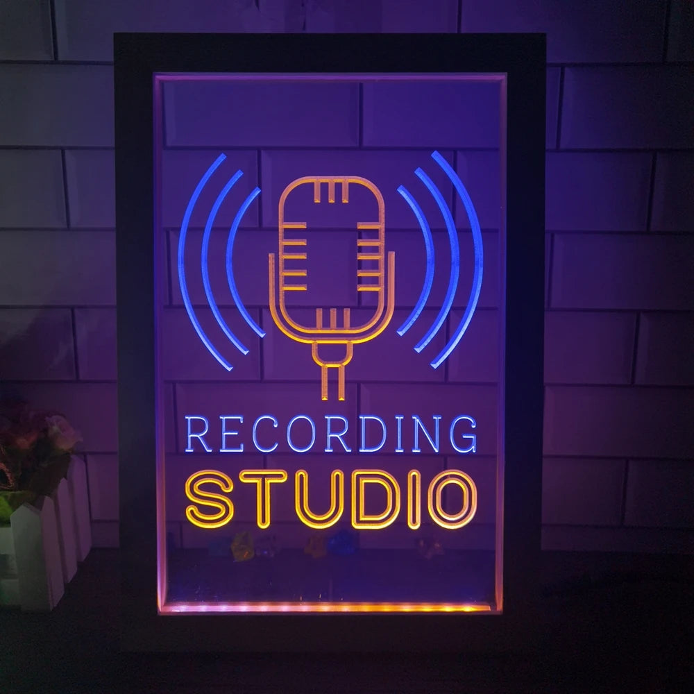 Recording Studio Microphone on Air Dual Color LED Neon Sign Photo Frame Creative Table Lamp Bedroom Desk Wood