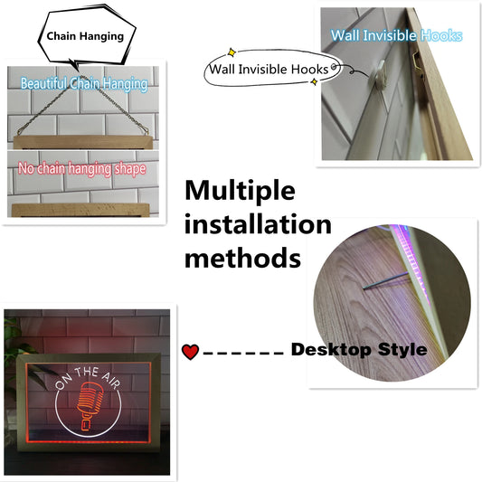 Recording Studio Microphone on Air Dual Color LED Neon Sign Photo Frame Creative Table Lamp Bedroom Desk Wood