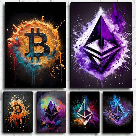 Watercolor Crypto Splatter Bitcoin Ethereum Poster ETH BTC Crypto Virtual Coins Canvas Painting Wall Art for Office Room Decor