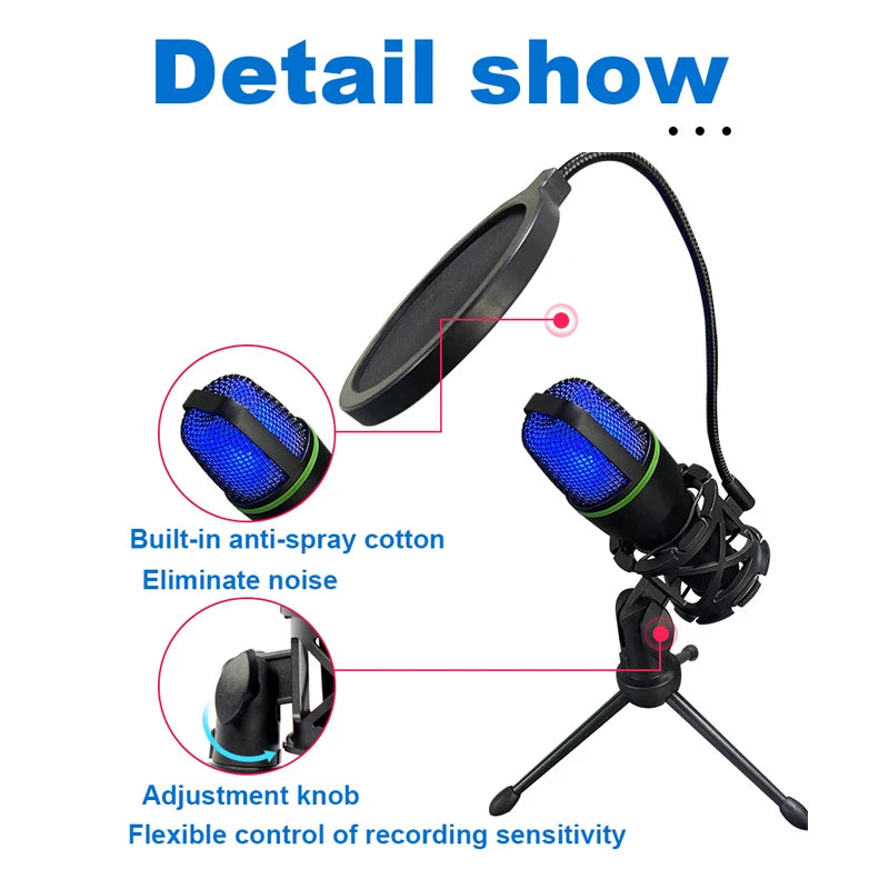 3.5Mm USB/RGB Condenser Wired Microphone for PC Laptop Gaming Podcast Studio Professional Anti-Blowout Desktop Microphone