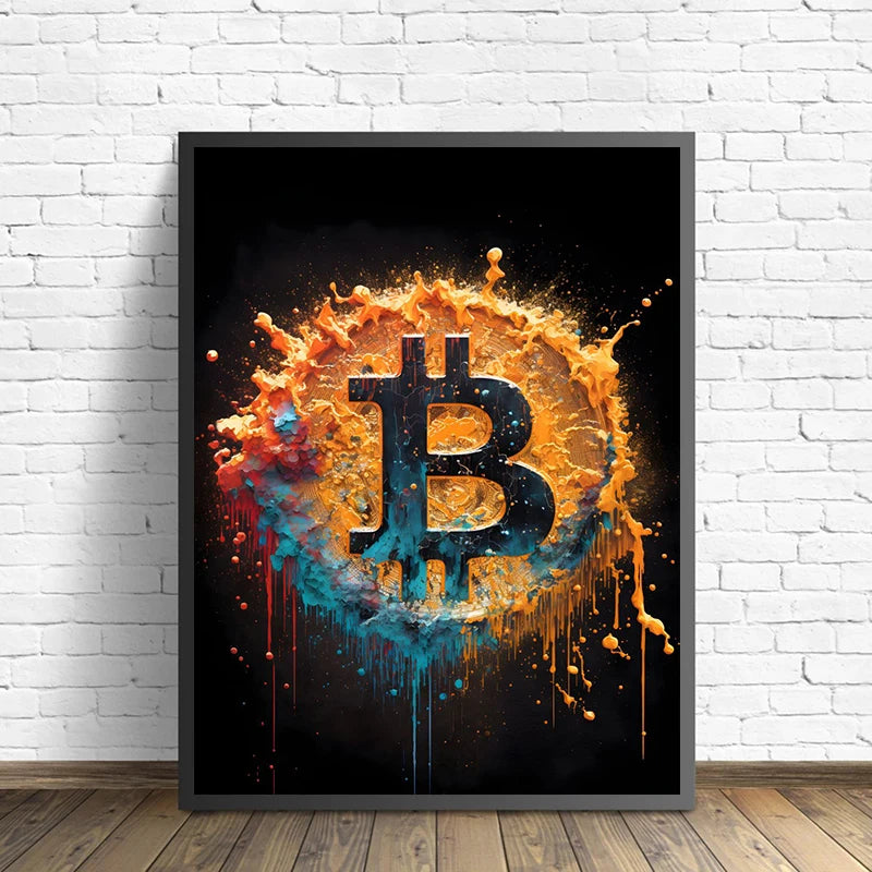 Watercolor Crypto Splatter Bitcoin Ethereum Poster ETH BTC Crypto Virtual Coins Canvas Painting Wall Art for Office Room Decor