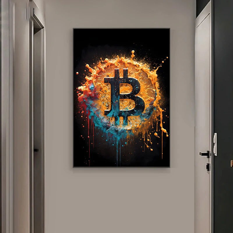 Watercolor Crypto Splatter Bitcoin Ethereum Poster ETH BTC Crypto Virtual Coins Canvas Painting Wall Art for Office Room Decor