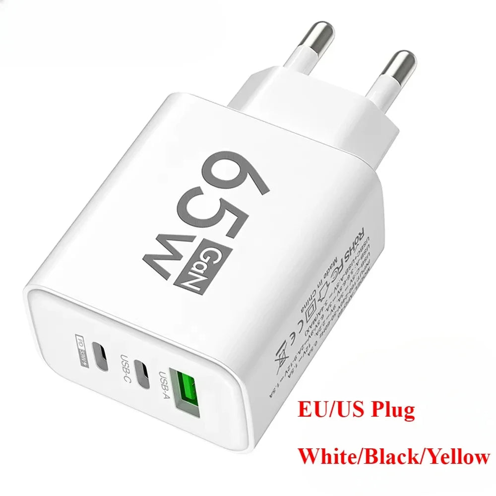 Total 65W Gan Charger USB PD Type C Fast Charging Muti 3 Ports Mobile Phone Adapter for Iphone 15 Pro Max Samsung Xiaomi Huawei