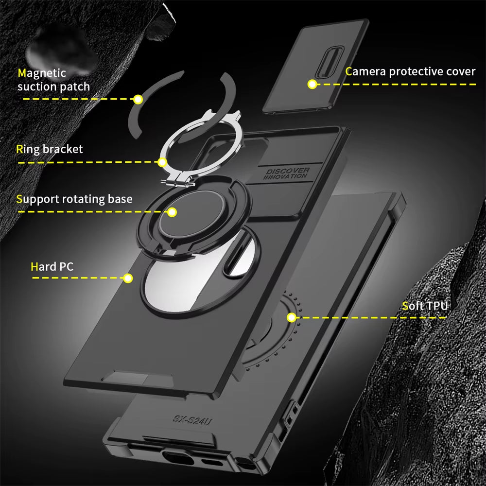 Magnetic Slide Camera Protection Phone Case for Samsung Galaxy S25 Edge, S24, S23 Plus, S21, S22 Ultra, FE, A54, A15, A14, A05, and A05S