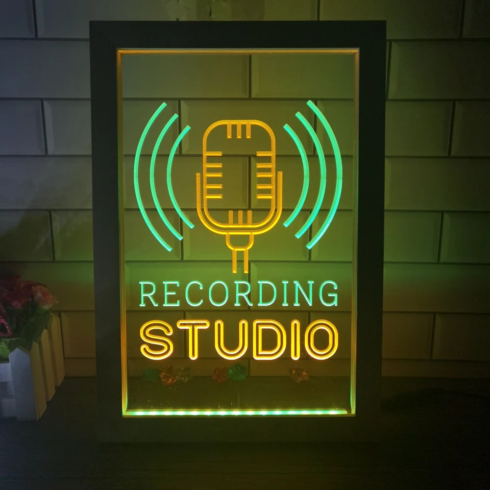 Recording Studio Microphone on Air Dual Color LED Neon Sign Photo Frame Creative Table Lamp Bedroom Desk Wood