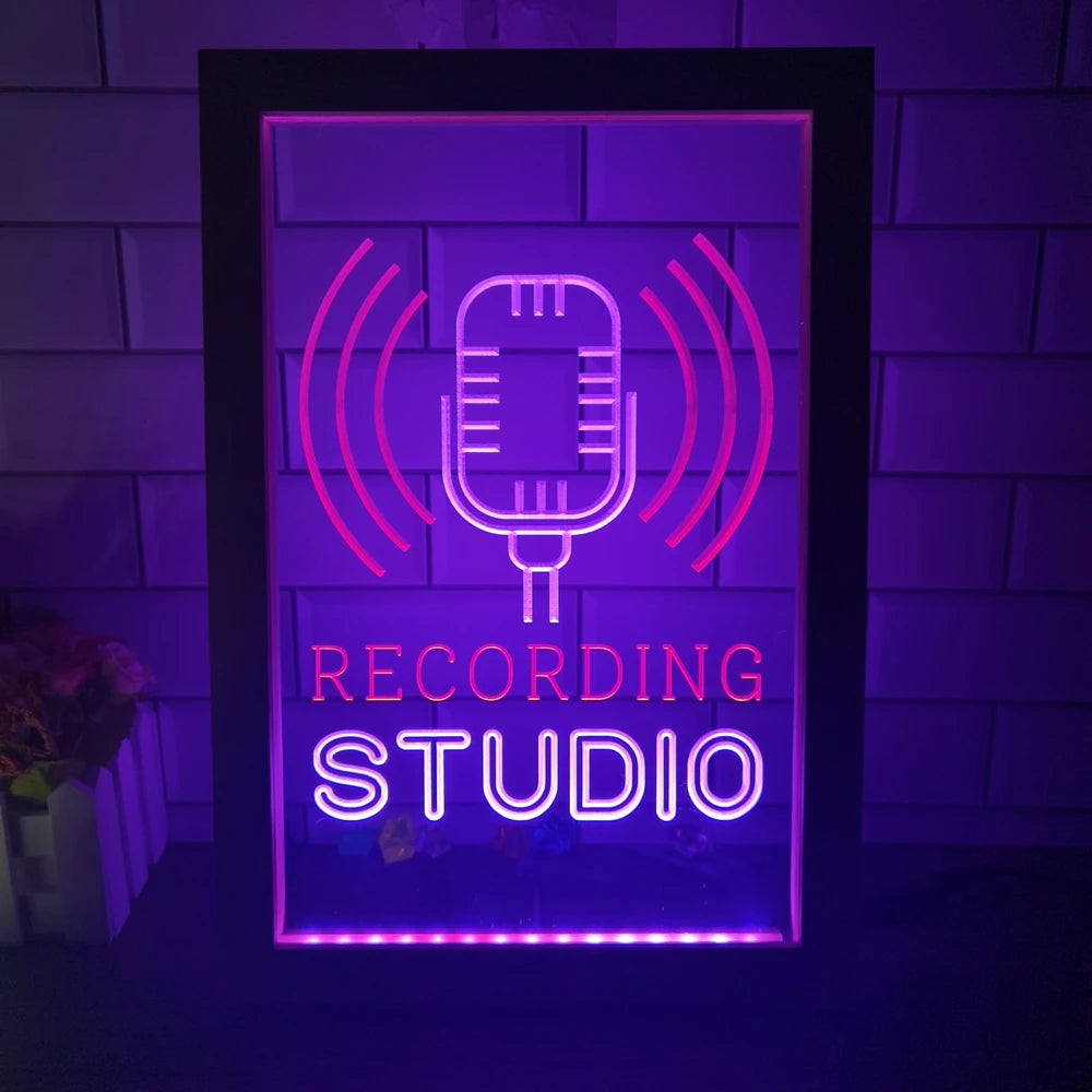 Recording Studio Microphone on Air Dual Color LED Neon Sign Photo Frame Creative Table Lamp Bedroom Desk Wood