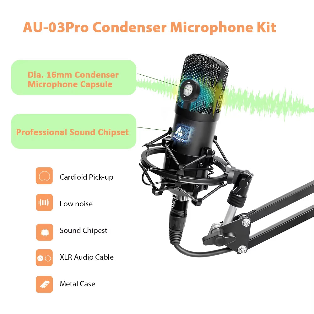 XLR Condenser Microphone Professional Studio Cardioid Mikrofon Kit Podcast Streaming Mic for Broadcast Youtube Recording