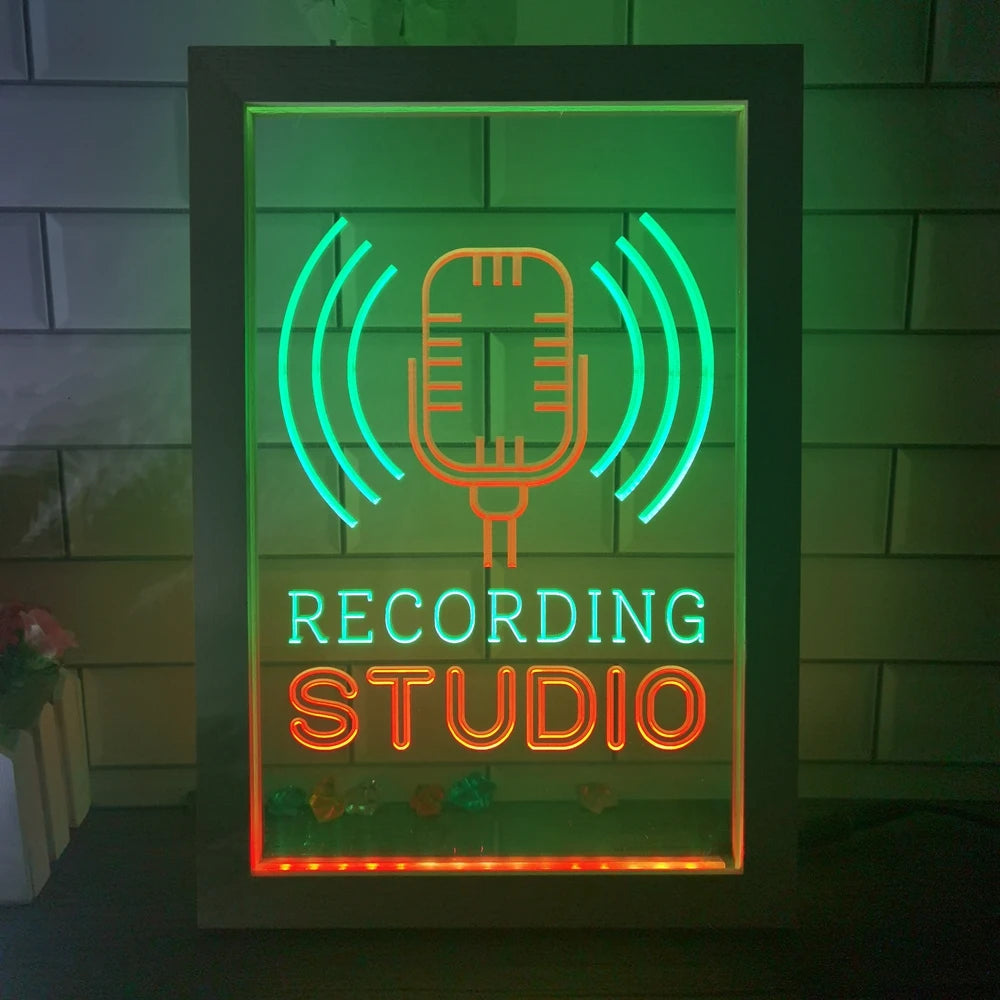 Recording Studio Microphone on Air Dual Color LED Neon Sign Photo Frame Creative Table Lamp Bedroom Desk Wood