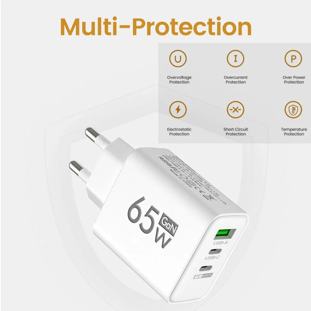 Total 65W Gan Charger USB PD Type C Fast Charging Muti 3 Ports Mobile Phone Adapter for Iphone 15 Pro Max Samsung Xiaomi Huawei