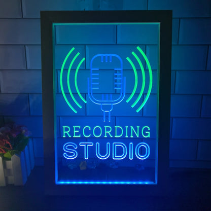 Recording Studio Microphone on Air Dual Color LED Neon Sign Photo Frame Creative Table Lamp Bedroom Desk Wood