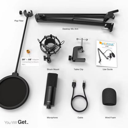 USB PC Condenser Microphone with Adjustable Desktop Mic Arm Shock Mount for Studio Recording Vocals Voice, Vlog,Audio