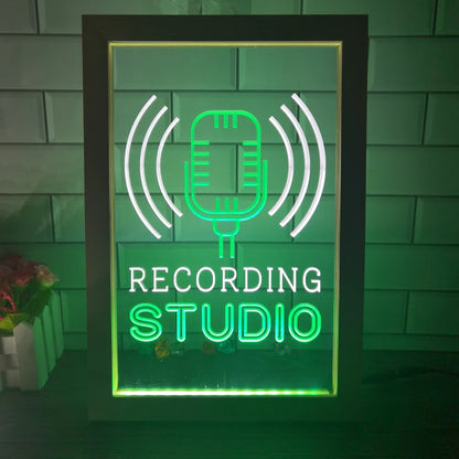 Recording Studio Microphone on Air Dual Color LED Neon Sign Photo Frame Creative Table Lamp Bedroom Desk Wood