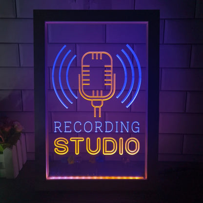 Recording Studio Microphone on Air Dual Color LED Neon Sign Photo Frame Creative Table Lamp Bedroom Desk Wood