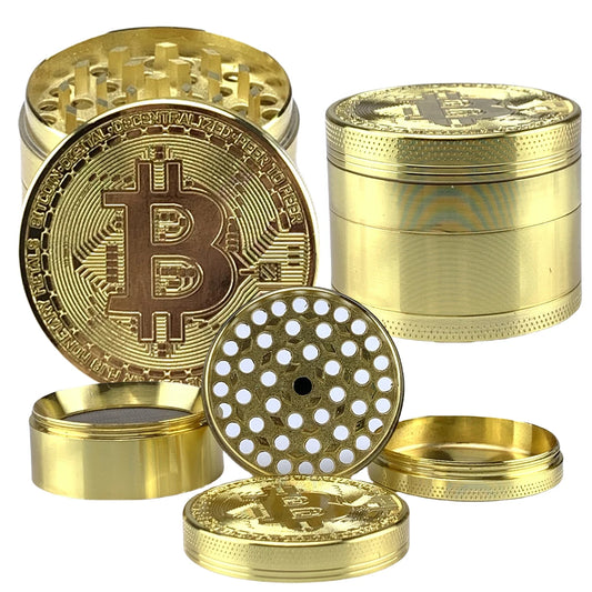 50mm Bitcoin Gold 4-Layer Herb Grinder - Premium Metal Spice and Tobacco Mill for Smoking Accessories and Kitchen Use