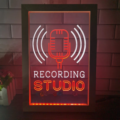 Recording Studio Microphone on Air Dual Color LED Neon Sign Photo Frame Creative Table Lamp Bedroom Desk Wood