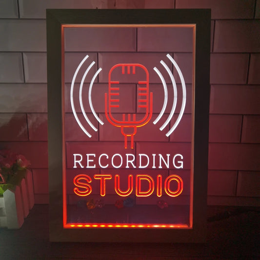 Recording Studio Microphone on Air Dual Color LED Neon Sign Photo Frame Creative Table Lamp Bedroom Desk Wood